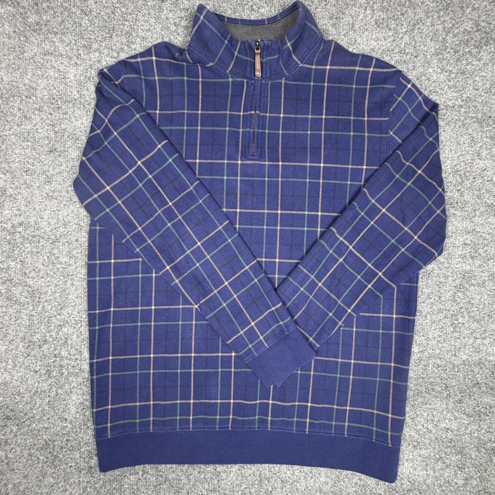 Lands End Mens XL Tall Quarter Zip Pullover Blue Windowpane Plaid Sweater 448703